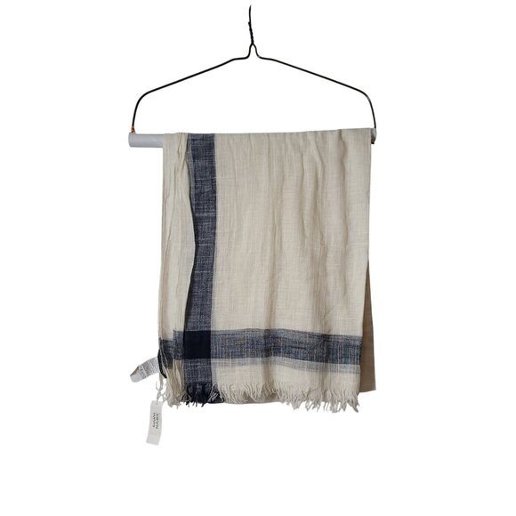 NWT Banana Republic Beige & Navy Plaid Fringe Scarf - Picture 2 of 14